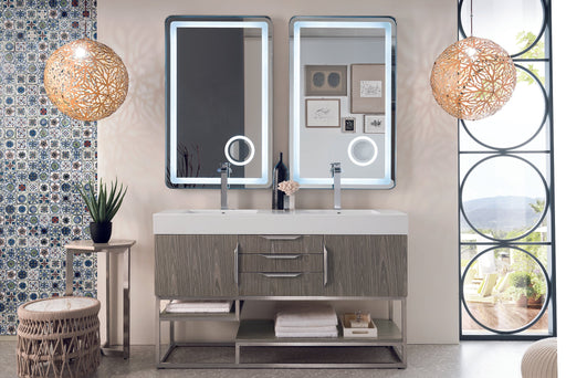 Columbia 59" Double Vanity, Ash Gray, Brushed Nickel w/ Glossy White Composite Stone Top - Luxe Vanity & Tub