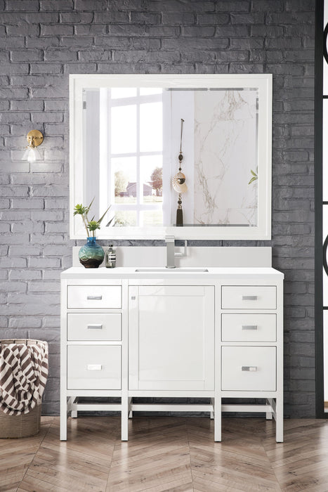 Addison 48" Single Vanity Cabinet in Glossy White Single Bathroom Vanity James Martin Vanities White Zeus Single Faucet Quartz Top w/Backsplash 