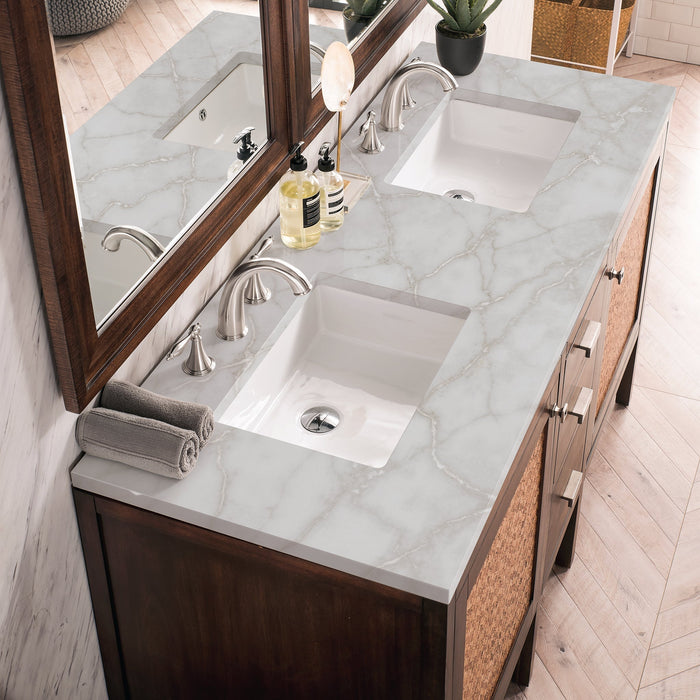 Addison 60" Double Vanity Cabinet Single Bathroom Vanity James Martin Vanities Mid-Century Acacia White Zeus Quartz 