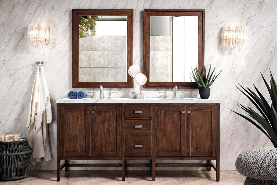 Addison 72" Double Vanity Cabinet in Mid-Century Acacia Double Bathroom Vanity James Martin Vanities Victorian Silver Quartz 