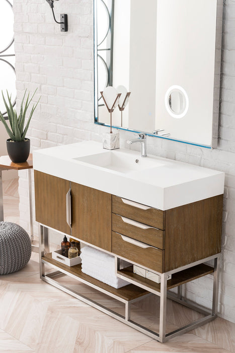 Columbia 48" Single Vanity, Latte Oak, Brushed Nickel w/ Glossy White Composite Stone Top - Luxe Vanity & Tub