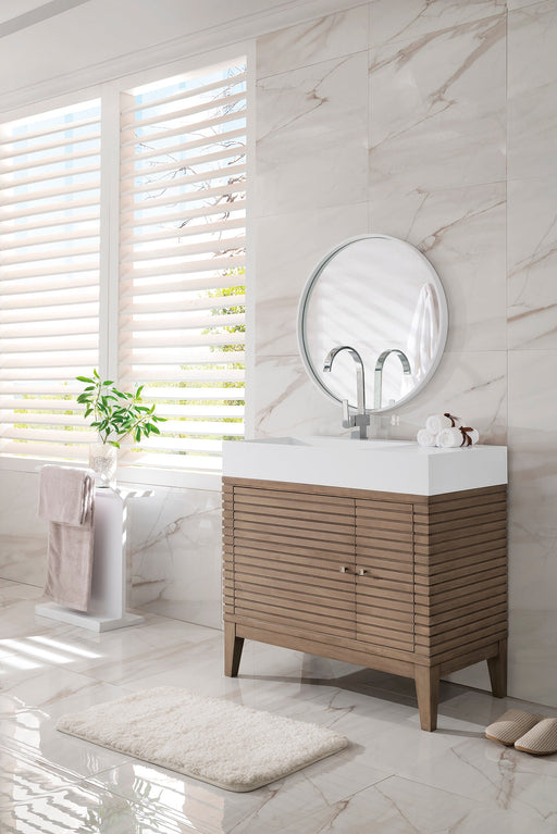 Linear 36" Single Vanity, Whitewashed Walnut w/ Glossy White Composite Stone Top - Luxe Vanity & Tub