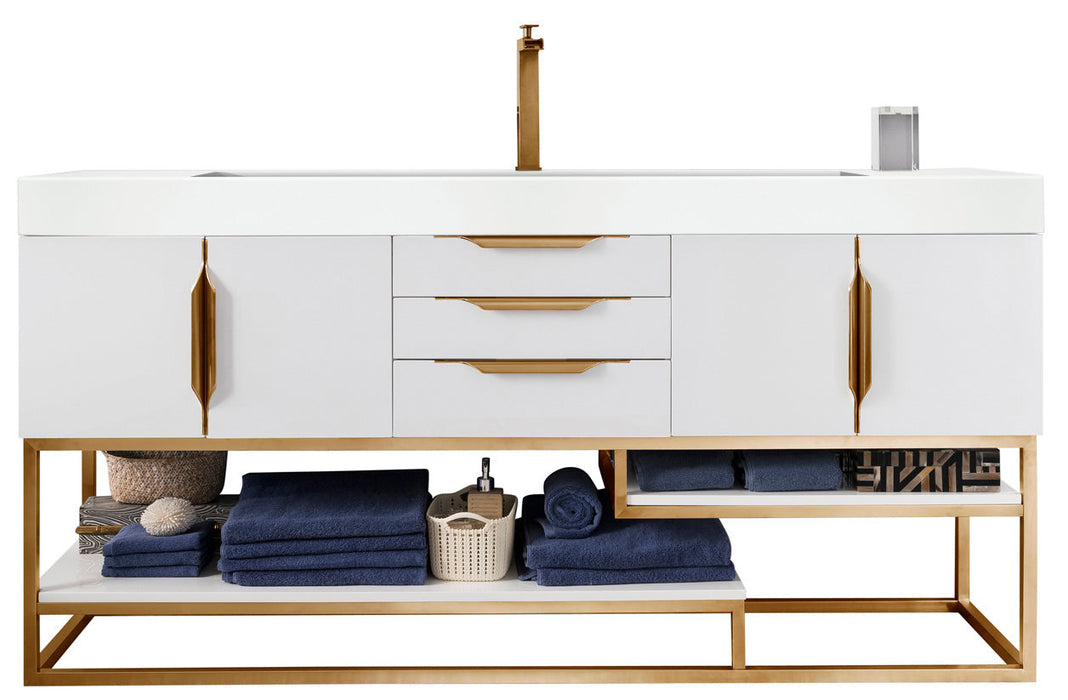 Columbia 72" Single Vanity, Glossy White, Radiant Gold w/ Glossy White Composite Stone Top - Luxe Vanity & Tub