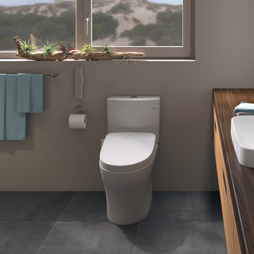 TOTO Aquia IV 0.9 / 1.28 GPF Dual Flush One Piece Elongated Toilet with Push Button Flush - Less Bidet Seat - Luxe Vanity & Tub