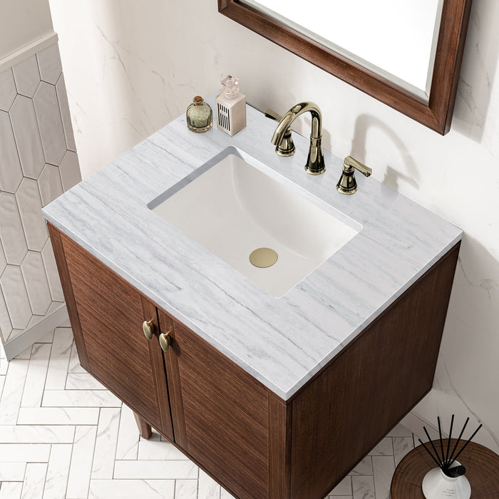 Amberly 30" Single Vanity in Mid-Century Walnut Single Bathroom Vanity James Martin Vanities White Zeus Quartz 