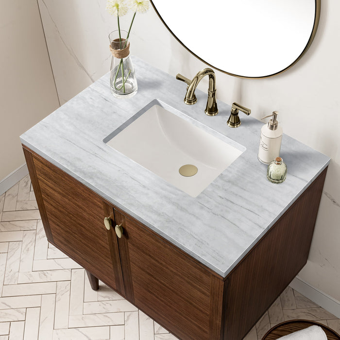 Amberly 36" Single Vanity in Mid-Century Walnut Single Bathroom Vanity James Martin Vanities Victorian Silver Quartz 