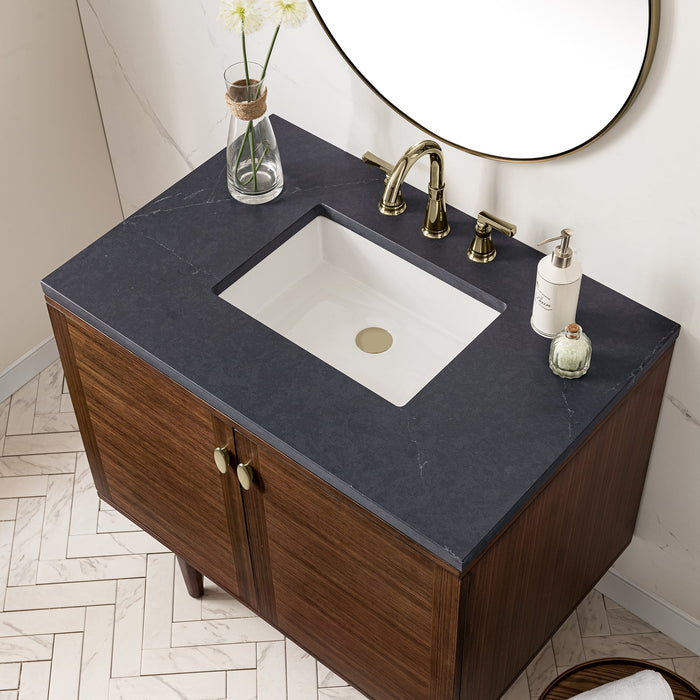 Amberly 36" Single Vanity in Mid-Century Walnut Single Bathroom Vanity James Martin Vanities Parisien Bleu Quartz 