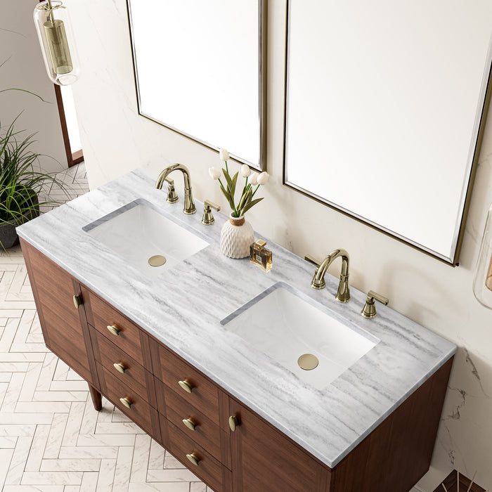 Amberly 60" Double Vanity in Mid-Century Walnut Double bathroom Vanity James Martin Vanities Victorian Silver Quartz 