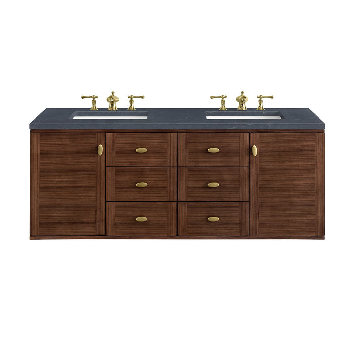 Amberly 60" Double Vanity in Mid-Century Walnut Double bathroom Vanity James Martin Vanities Eternal Serena Quartz 