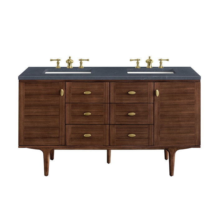 Amberly 60" Double Vanity in Mid-Century Walnut Double bathroom Vanity James Martin Vanities Ethereal Noctis Quartz 