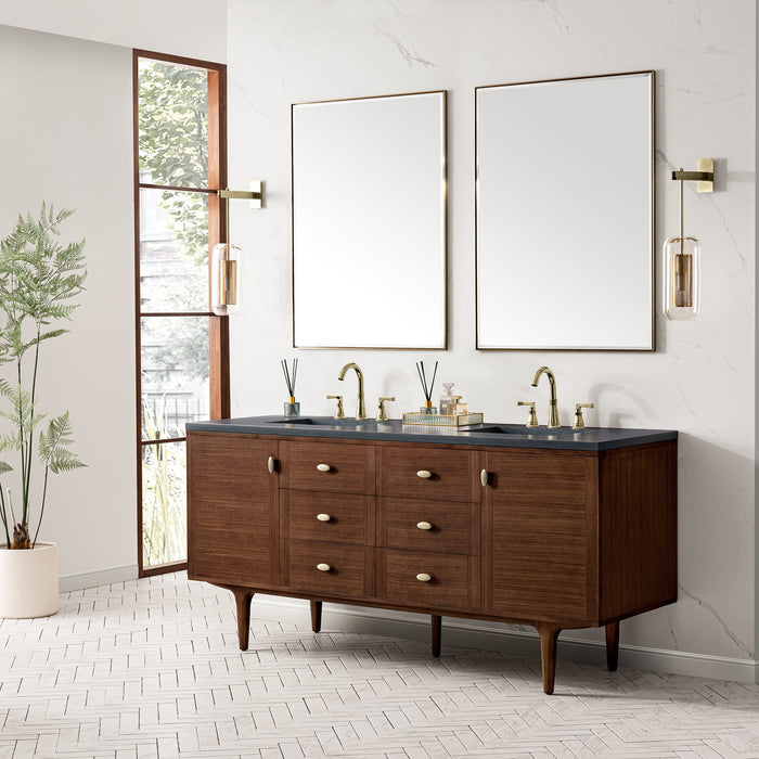 Amberly 72" Double Vanity in Mid-Century Walnut Double Bathroom Vanity James Martin Vanities Charcoal Soapstone Quartz 