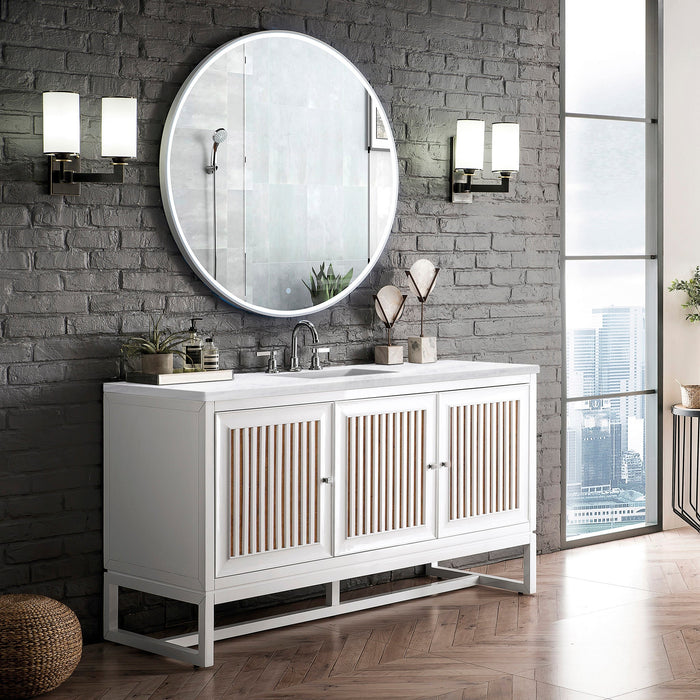 Athens 60" Single Vanity Cabinet , Glossy White Single Bathroom Vanity James Martin Vanities Eternal Serena Quartz 