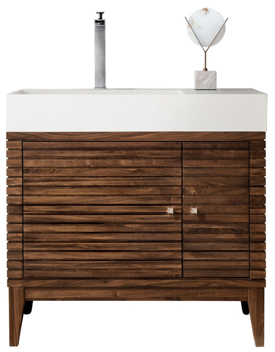 Linear 36" Single Vanity, Mid-Century Walnut w/ Glossy White Composite Stone Top - Luxe Vanity & Tub