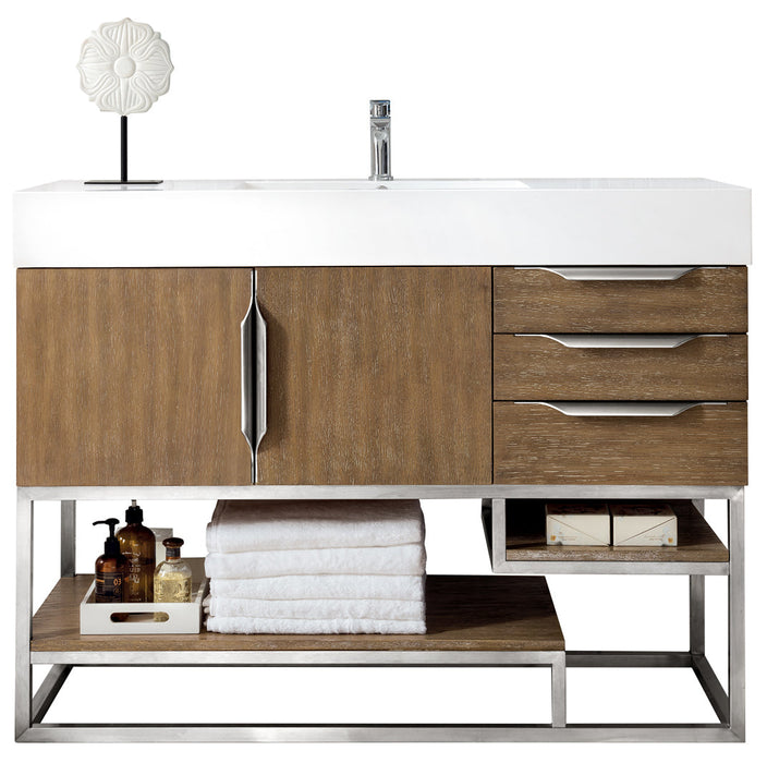 Columbia 48" Single Vanity, Latte Oak, Brushed Nickel w/ Glossy White Composite Stone Top - Luxe Vanity & Tub