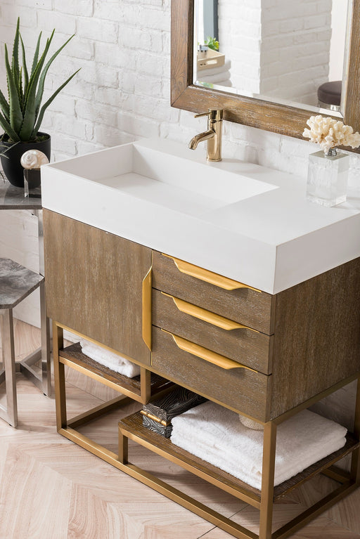 Columbia 36" Single Vanity, Latte Oak, Radiant Gold w/ Glossy White Composite Stone Top - Luxe Vanity & Tub