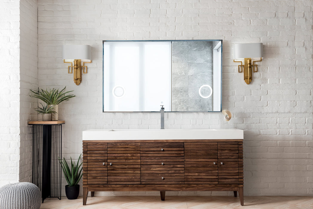 Linear 72" Single Vanity, Mid-Century Walnut w/ Glossy White Composite Stone Top - Luxe Vanity & Tub