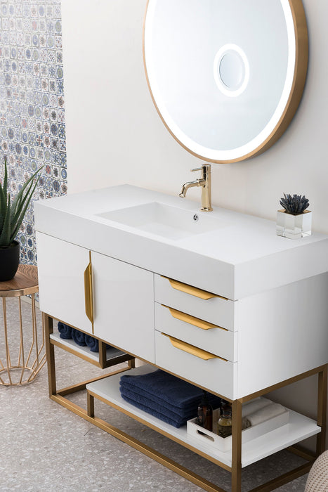 Columbia 48" Single Vanity, Glossy White, Radiant Gold w/ Glossy White Composite Stone Top - Luxe Vanity & Tub