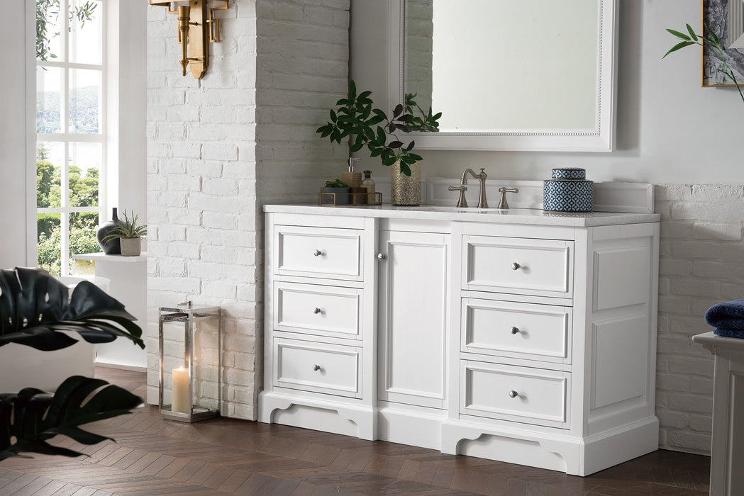 De Soto 60" Single Vanity, Bright White w/ 3 CM Arctic Fall Solid Surface Top - Luxe Vanity & Tub