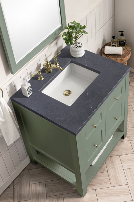 Breckenridge 30" Single Vanity in Smokey Celadon Single Vanity James Martin Vanities White Zeus Quartz Single Faucet Top w/Backsplash 