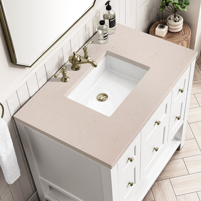 Breckenridge 36" Single Vanity in Bright White Single Bathroom Vanity James Martin Vanities White Zeus Single Faucet Quartz Top w/Backsplash 