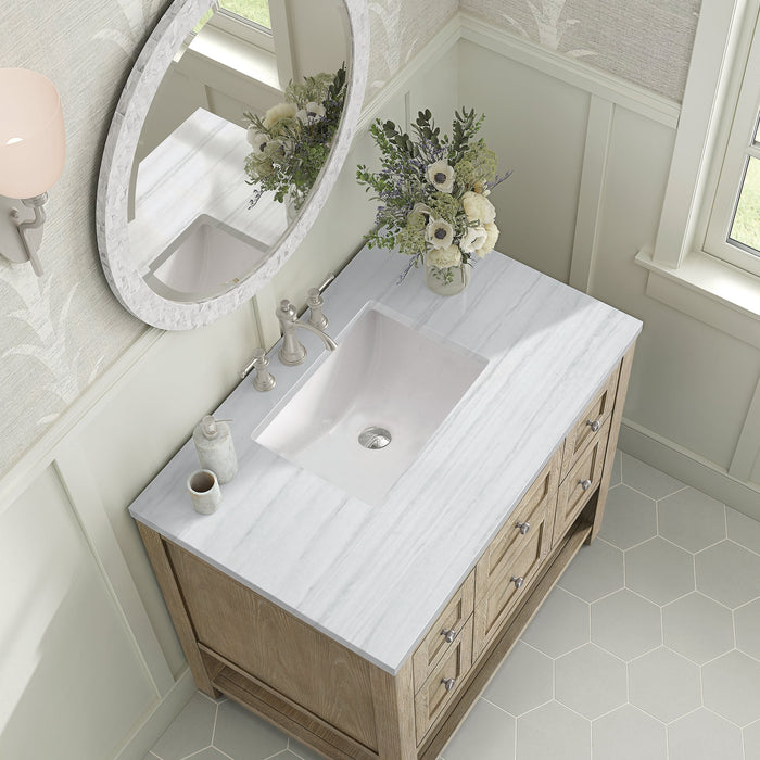 Breckenridge 36" Single Vanity in Whitewashed Oak Single Bathroom Vanity James Martin Vanities White Zeus Single Faucet Quartz Top w/Backsplash 