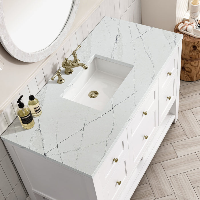 Breckenridge 48" Single Vanity in Bright White Single Bathroom Vanity James Martin Vanities White Zeus Single Faucet Quartz Top w/Backsplash 