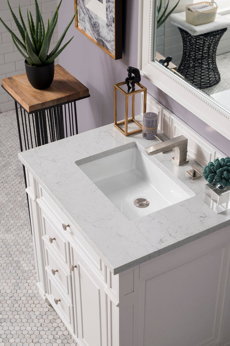 Bristol 30" Single Vanity in Bright White Single Bathroom Vanity James Martin Vanities Eternal Jasmine Pearl Quartz 