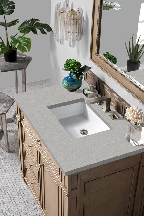 Bristol 36" Single Vanity in Whitewashed Walnut Single Bathroom Vanity James Martin Vanities White Zeus Single Faucet Quartz Top w/Backsplash 