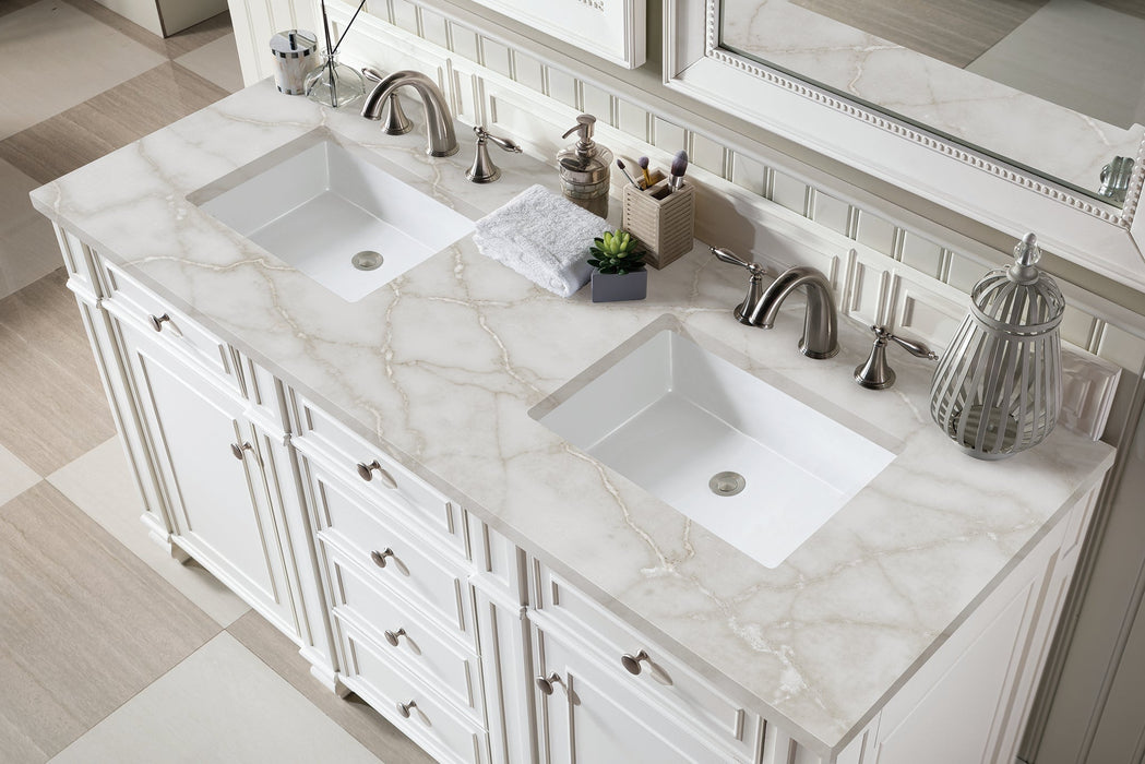 Bristol 60" Double Vanity in Bright White Double bathroom Vanity James Martin Vanities White Zeus Single Faucet Quartz Top w/Backsplash 