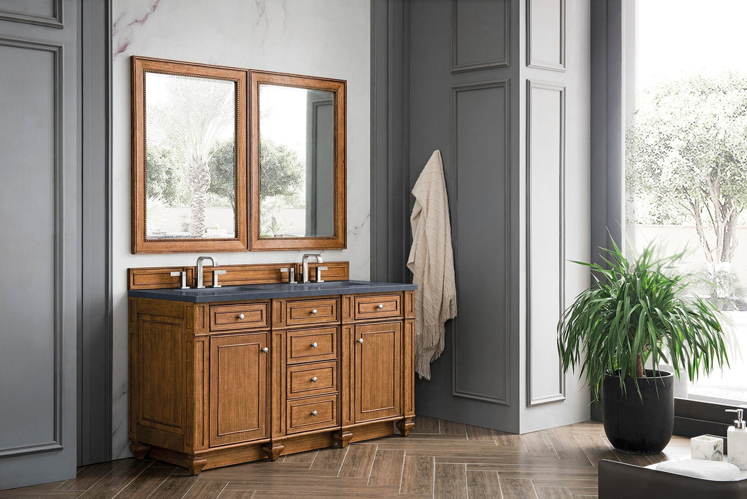 Bristol 60" Double Vanity in Saddle Brown Double bathroom Vanity James Martin Vanities Eternal Jasmine Pearl Quartz 