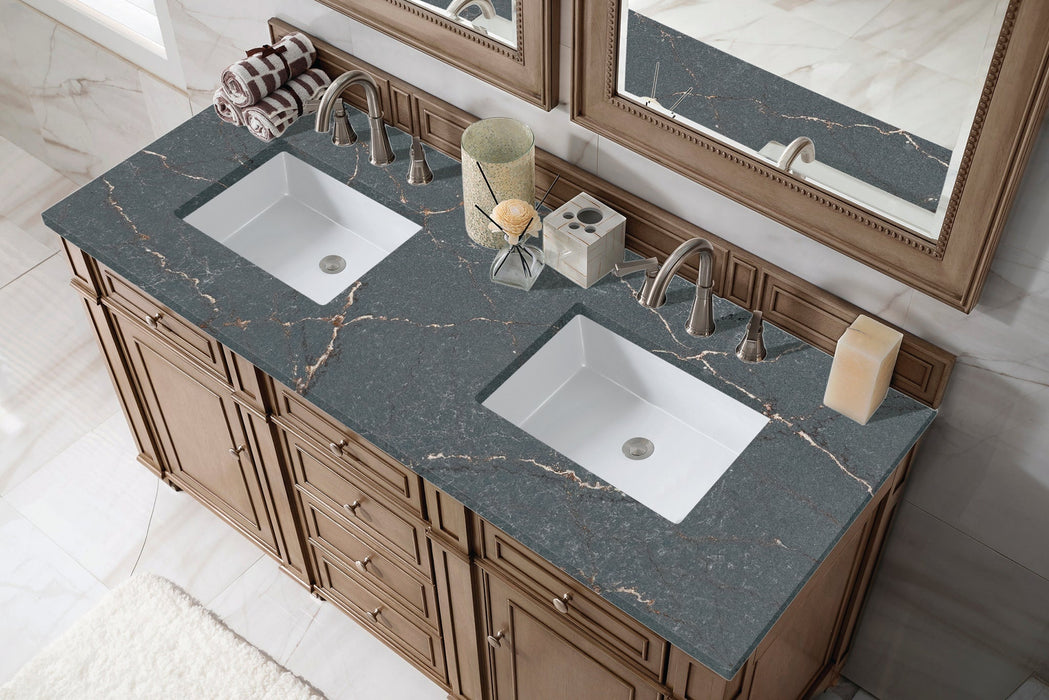 Bristol 60" Double Vanity in Whitewashed Walnut Double bathroom Vanity James Martin Vanities White Zeus Quartz 