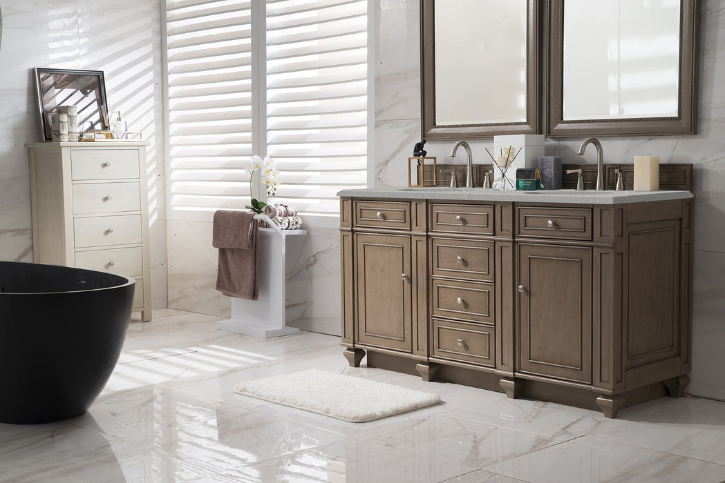 Bristol 60" Double Vanity in Whitewashed Walnut Double bathroom Vanity James Martin Vanities Charcoal Soapstone Quartz 