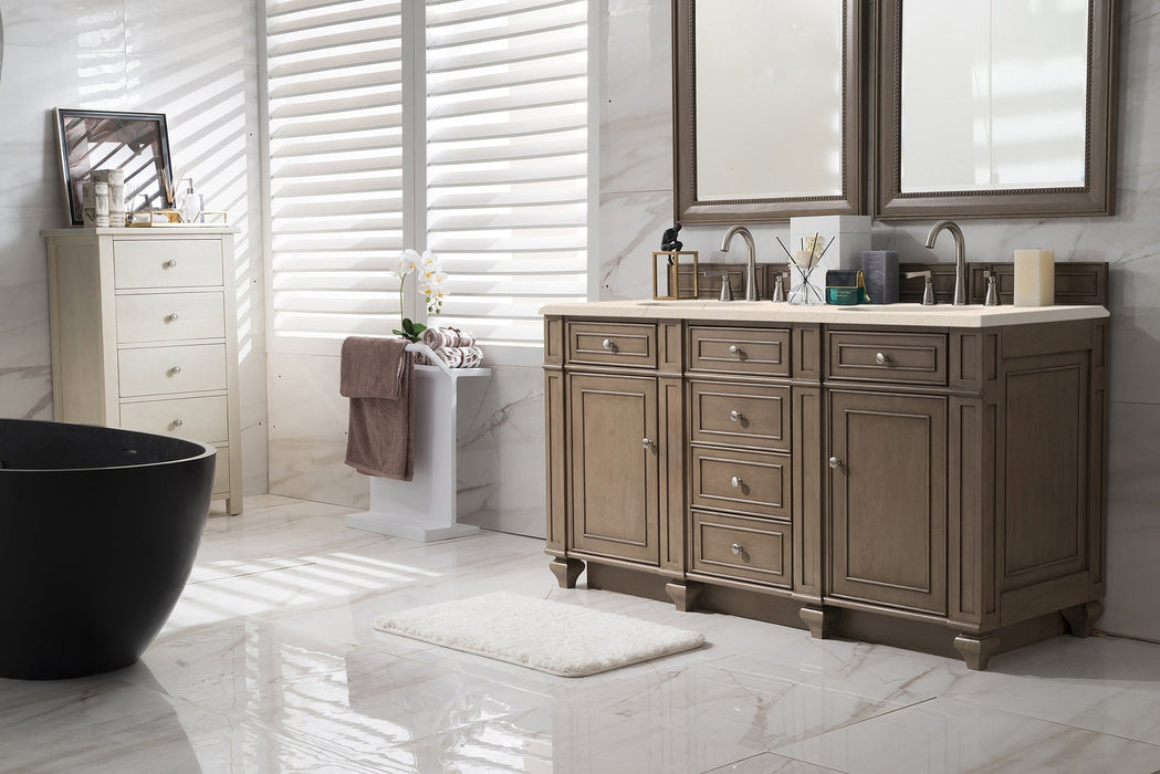 Bristol 60" Double Vanity in Whitewashed Walnut Double bathroom Vanity James Martin Vanities Eternal Marfil Quartz 