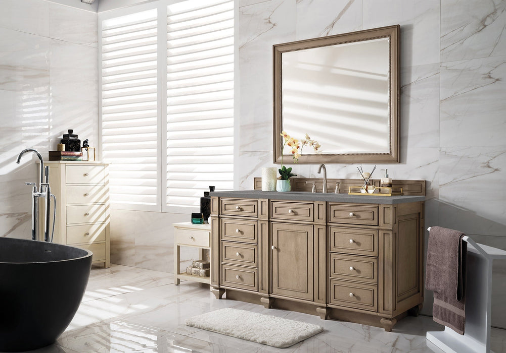 Bristol 60" Single Vanity in Whitewashed Walnut Double bathroom Vanity James Martin Vanities Eternal Marfil Quartz 