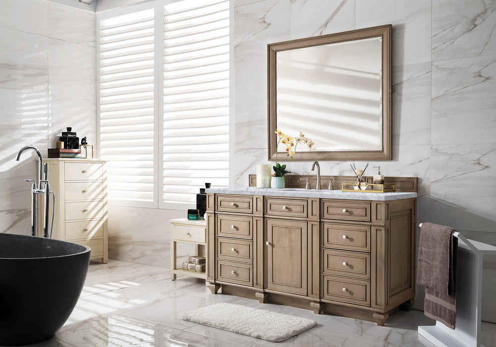 Bristol 60" Single Vanity in Whitewashed Walnut Double bathroom Vanity James Martin Vanities White Zeus Quartz 