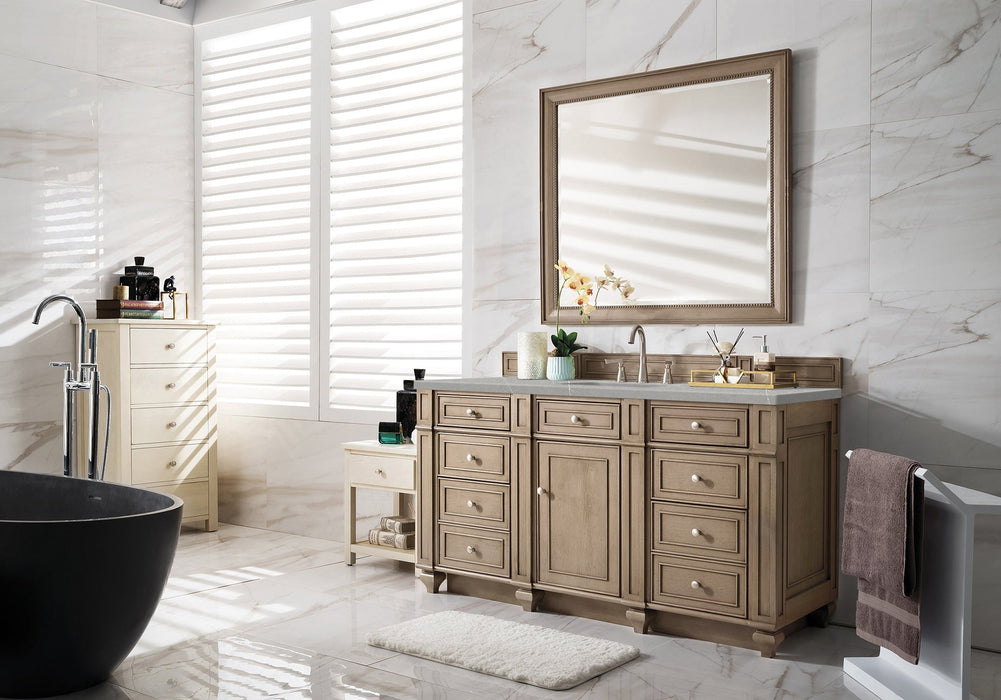 Bristol 60" Single Vanity in Whitewashed Walnut Double bathroom Vanity James Martin Vanities Eternal Serena Quartz 