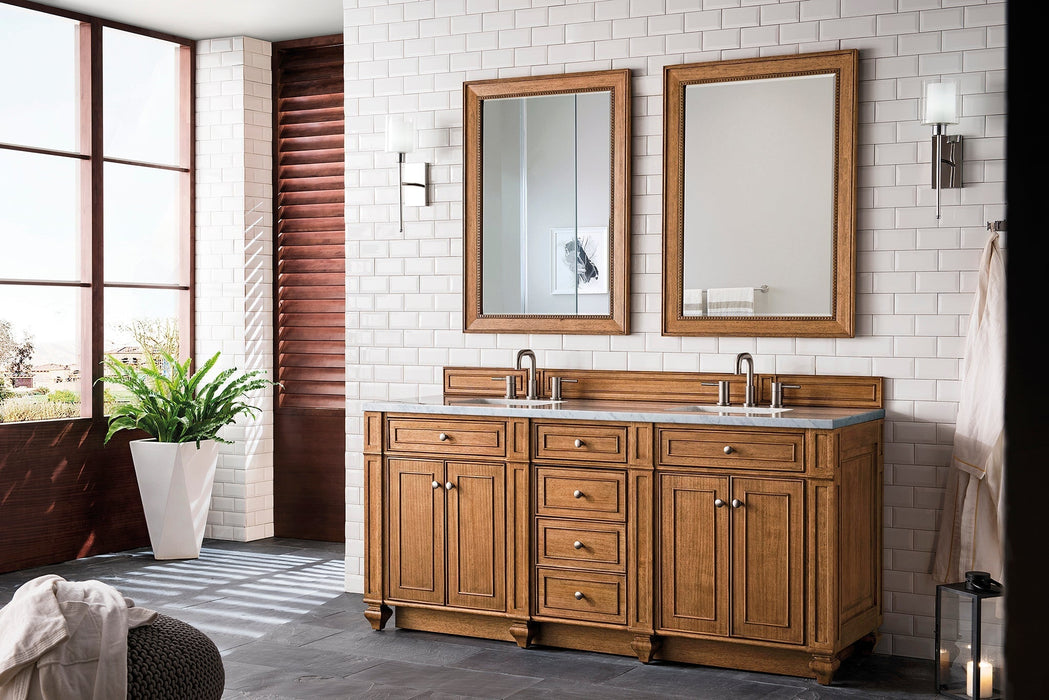 Bristol 72" Double Vanity in Saddle Brown Double bathroom Vanity James Martin Vanities Arctic Fall Solid Surface 