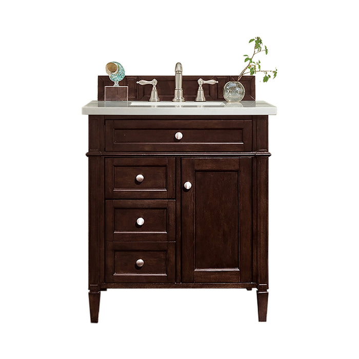 Brittany 30" Single Bathroom Vanity in Burnished Mahogany Single Bathroom Vanity James Martin Vanities Parisien Bleu Quartz 