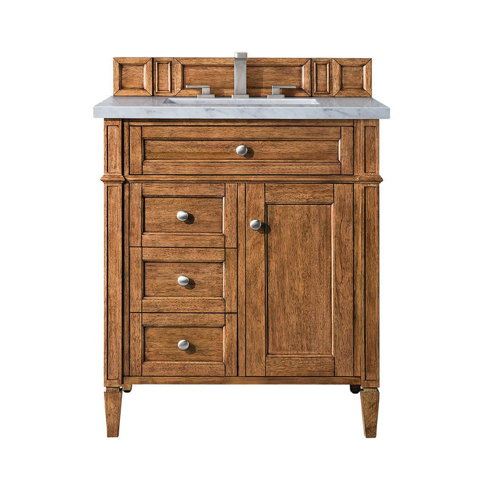 Brittany 30" Single Vanity Cabinet in Saddle Brown Single Bathroom Vanity James Martin Vanities Ethereal Noctis Quartz 