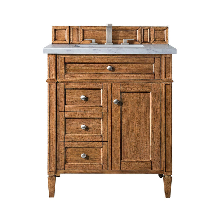 Brittany 30" Single Vanity Cabinet in Saddle Brown Single Bathroom Vanity James Martin Vanities Eternal Serena Quartz 