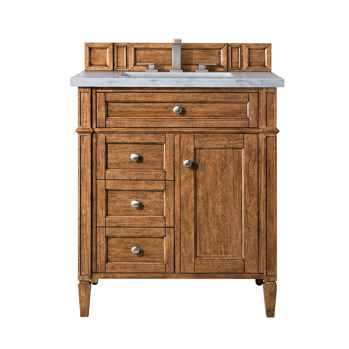 Brittany 30" Single Vanity Cabinet in Saddle Brown Single Bathroom Vanity James Martin Vanities White Zeus Quartz 