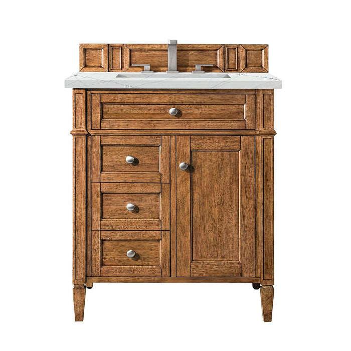 Brittany 30" Single Vanity Cabinet in Saddle Brown Single Bathroom Vanity James Martin Vanities White Zeus Single Faucet Quartz Top w/Backsplash 