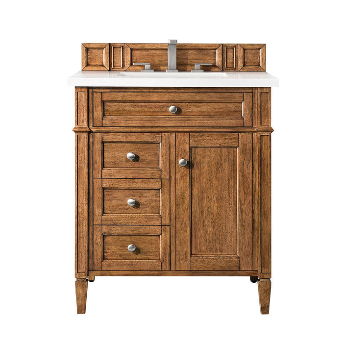 Brittany 30" Single Vanity Cabinet in Saddle Brown Single Bathroom Vanity James Martin Vanities Victorian Silver Quartz 