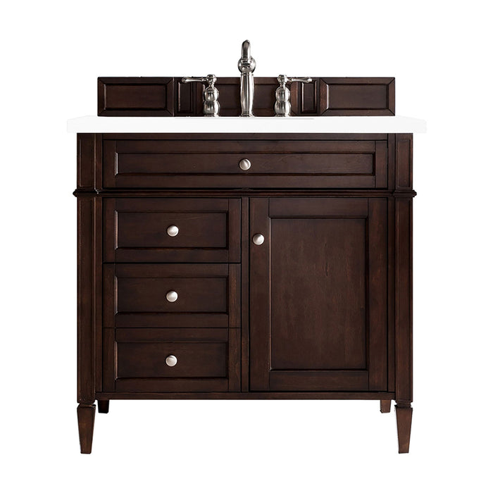 Brittany 36" Single Bathroom Vanity in Burnished Mahogany Single Bathroom Vanity James Martin Vanities White Zeus Single Faucet Quartz Top w/Backsplash 