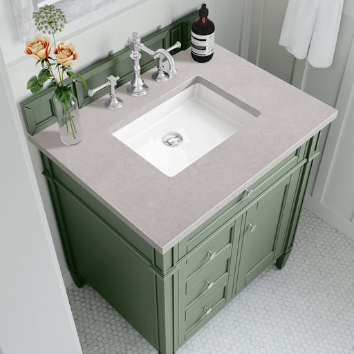 Brittany 36" Single Bathroom Vanity in Smokey Celadon Single Bathroom Vanity James Martin Vanities White Zeus Single Faucet Quartz Top w/Backsplash 