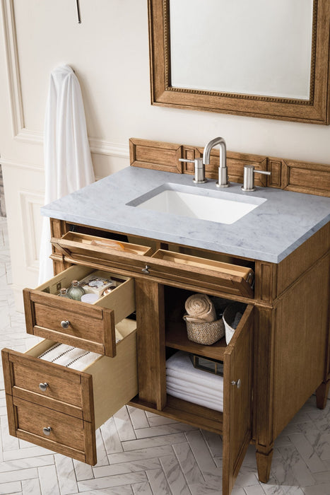 Brittany 36" Single Vanity Cabinet in Saddle Brown Single Bathroom Vanity James Martin Vanities Ethereal Noctis Quartz 