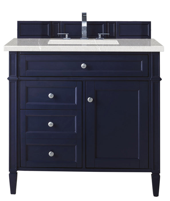 Brittany 36" Single Vanity in Victory Blue Single Bathroom Vanity James Martin Vanities White Zeus Single Faucet Quartz Top w/Backsplash 