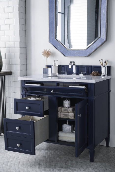 Brittany 36" Single Vanity in Victory Blue Single Bathroom Vanity James Martin Vanities Carrara White Marble 