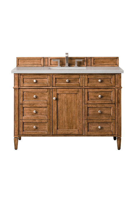 Brittany 48" Single Vanity Cabinet in Saddle Brown Single Bathroom Vanity James Martin Vanities White Zeus Single Faucet Quartz Top w/Backsplash 