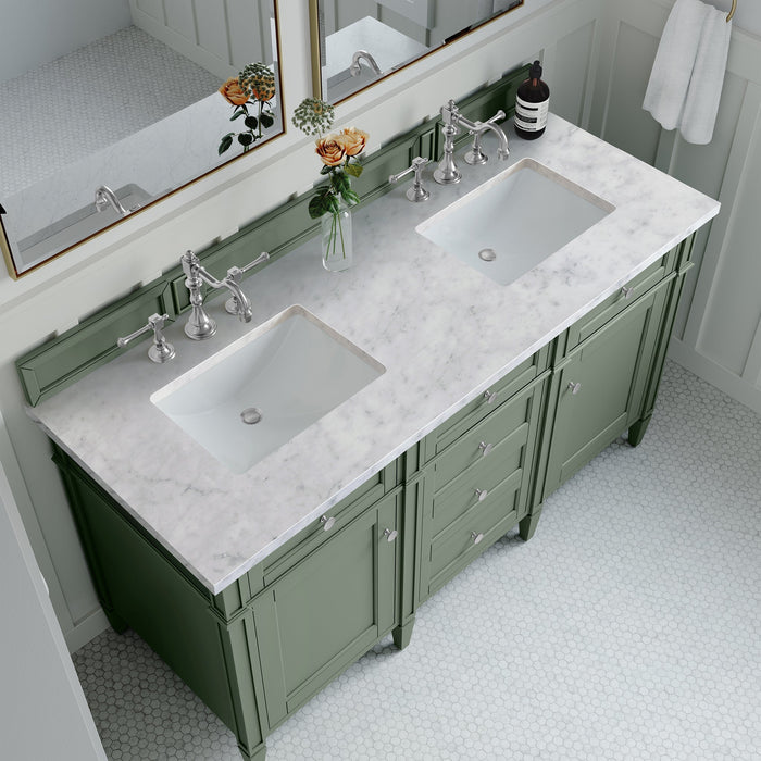 Brittany 60" Double Bathroom Vanity in Smokey Celadon Double bathroom Vanity James Martin Vanities White Zeus Single Faucet Quartz Top w/Backsplash 